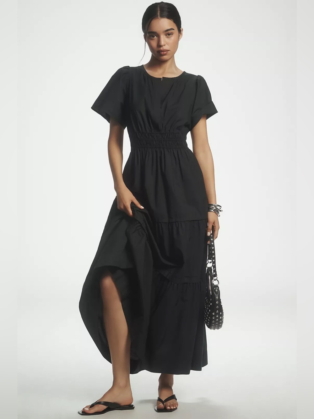 Anthropologie Somerset Black Short-Sleeve Smocked-Waist Maxi Dress Medium